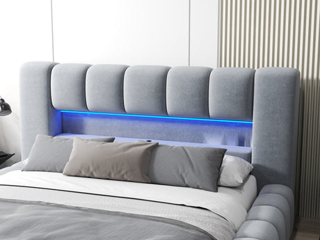 Pat dormitor dumonde, tapitat gri cu LED si USB, Palermo 160x200 cm, somiera rabatabila inclusa, spatiu depozitare WLS