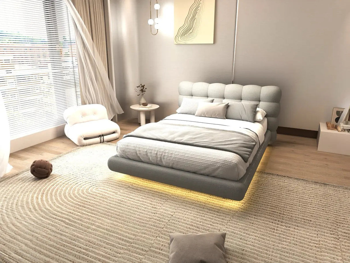 Pat dormitor dumonde, tapitat gri cu LED, "floating bed" Cloud 180x200 cm, somiera inclusa