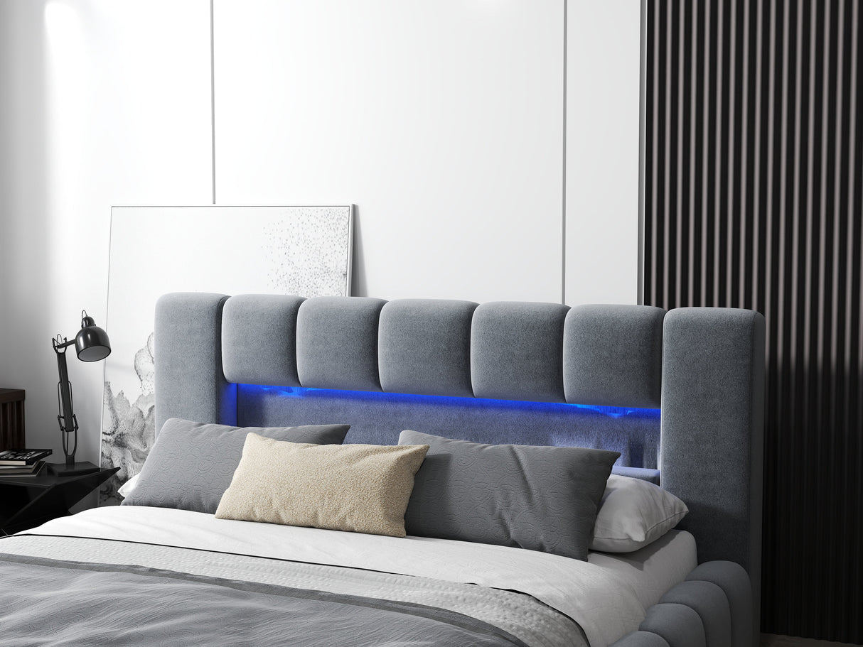 Pat dormitor dumonde, tapitat gri cu LED si USB, Palermo 140x200 cm, somiera rabatabila inclusa, spatiu depozitare WLS
