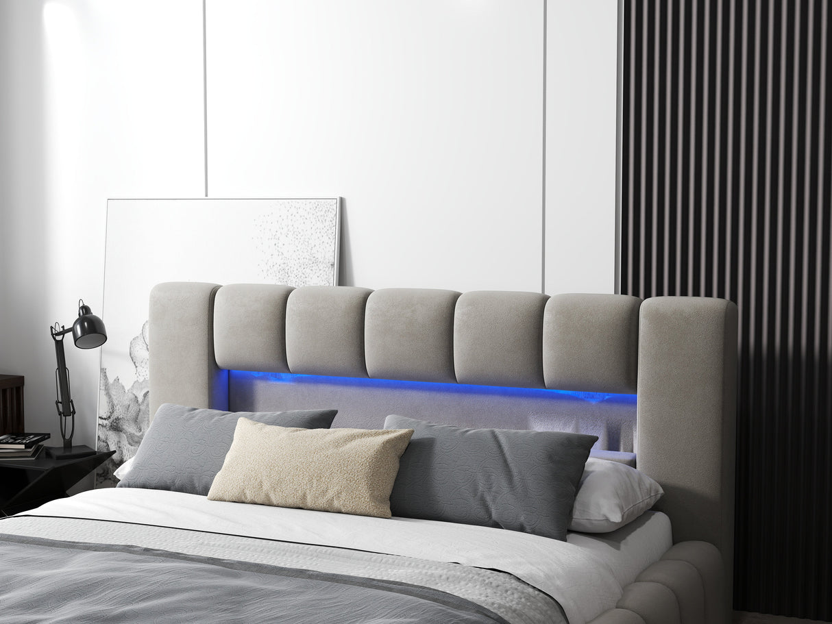 Pat dormitor dumonde, tapitat bej cu LED si USB, Palermo 180x200 cm, somiera rabatabila inclusa, spatiu depozitare WLS