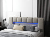 Pat dormitor dumonde, tapitat bej cu LED si USB, Palermo 180x200 cm, somiera rabatabila inclusa, spatiu depozitare WLS