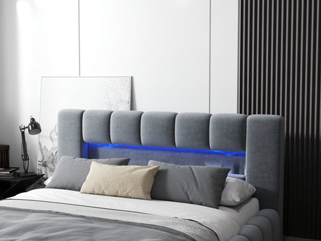 Pat dormitor dumonde, tapitat gri cu LED si USB, Palermo 140x200 cm, somiera rabatabila inclusa, spatiu depozitare WLS