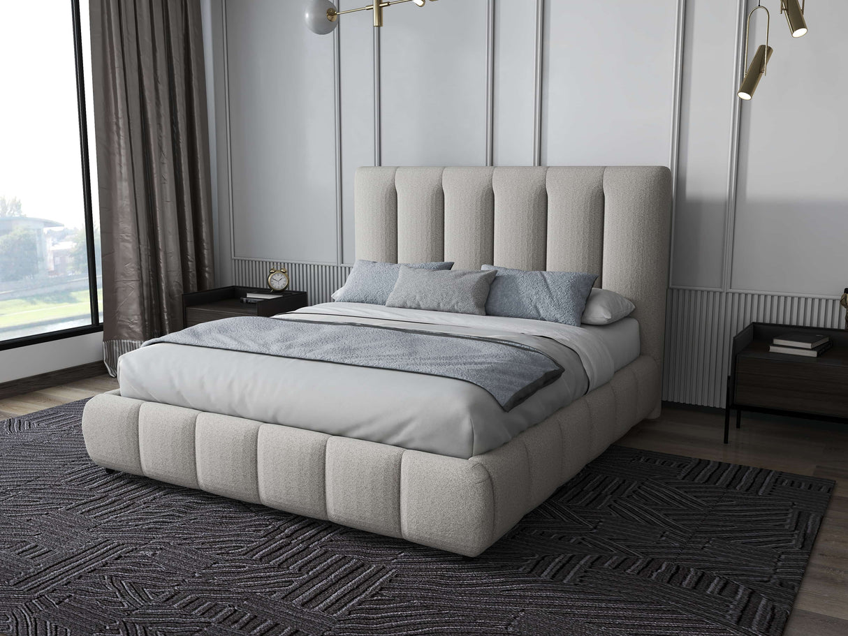 Set Pat dormitor dumonde, tapitat bej, Divaneo 180x200 cm, somiera rabatabila inclusa, spatiu depozitare + saltea