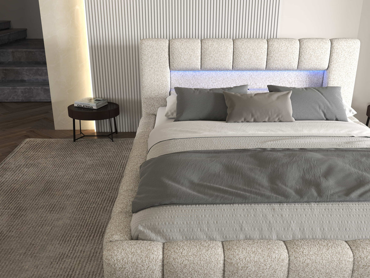 Pat dormitor dumonde, tapitat alb cu LED si USB, Palermo 180x200 cm, somiera rabatabila inclusa, spatiu depozitare WLS