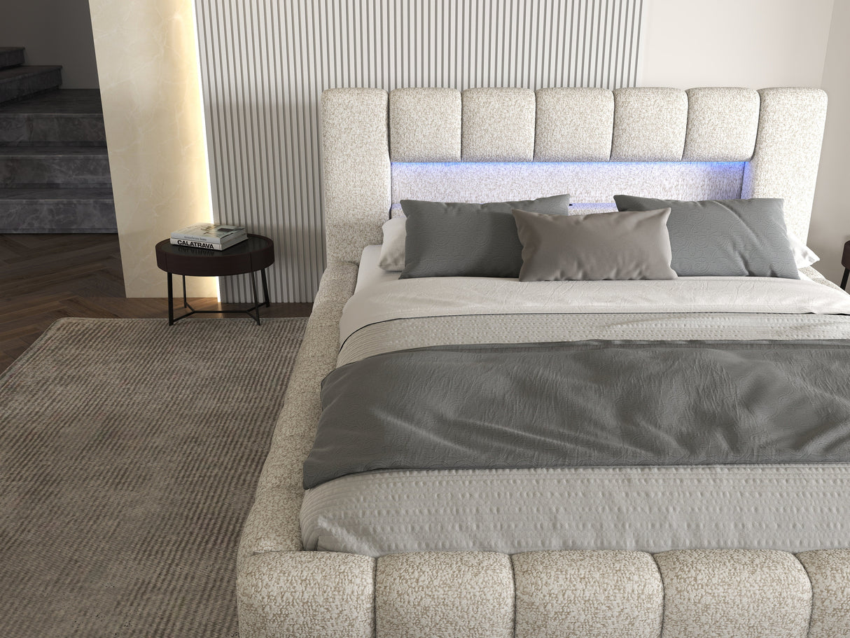 Set Pat dormitor dumonde, tapitat gri cu LED si USB, Palermo 160x200 cm, somiera rabatabila inclusa, spatiu depozitare + saltea