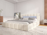 Pat dormitor dumonde, tapitat bej cu LED si USB, Palermo 160x200 cm, somiera rabatabila inclusa, spatiu depozitare