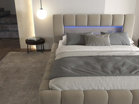 Pat dormitor dumonde, tapitat bej cu LED si USB, Palermo 180x200 cm, somiera rabatabila inclusa, spatiu depozitare WLS