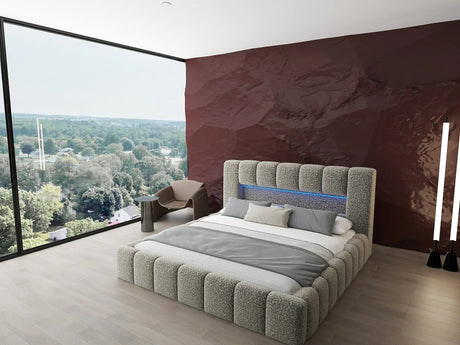 Pat dormitor dumonde, tapitat bej cu LED si USB, Palermo 160x200 cm, somiera rabatabila inclusa, spatiu depozitare WLS