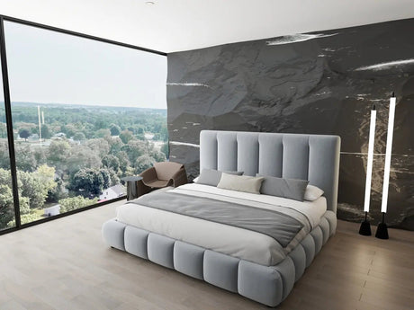 Pat dormitor dumonde, tapitat gri, Divaneo 180x200 cm, somiera rabatabila inclusa, spatiu depozitare WLS