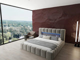 Pat dormitor dumonde, tapitat bej cu LED si USB, Palermo 180x200 cm, somiera rabatabila inclusa, spatiu depozitare WLS