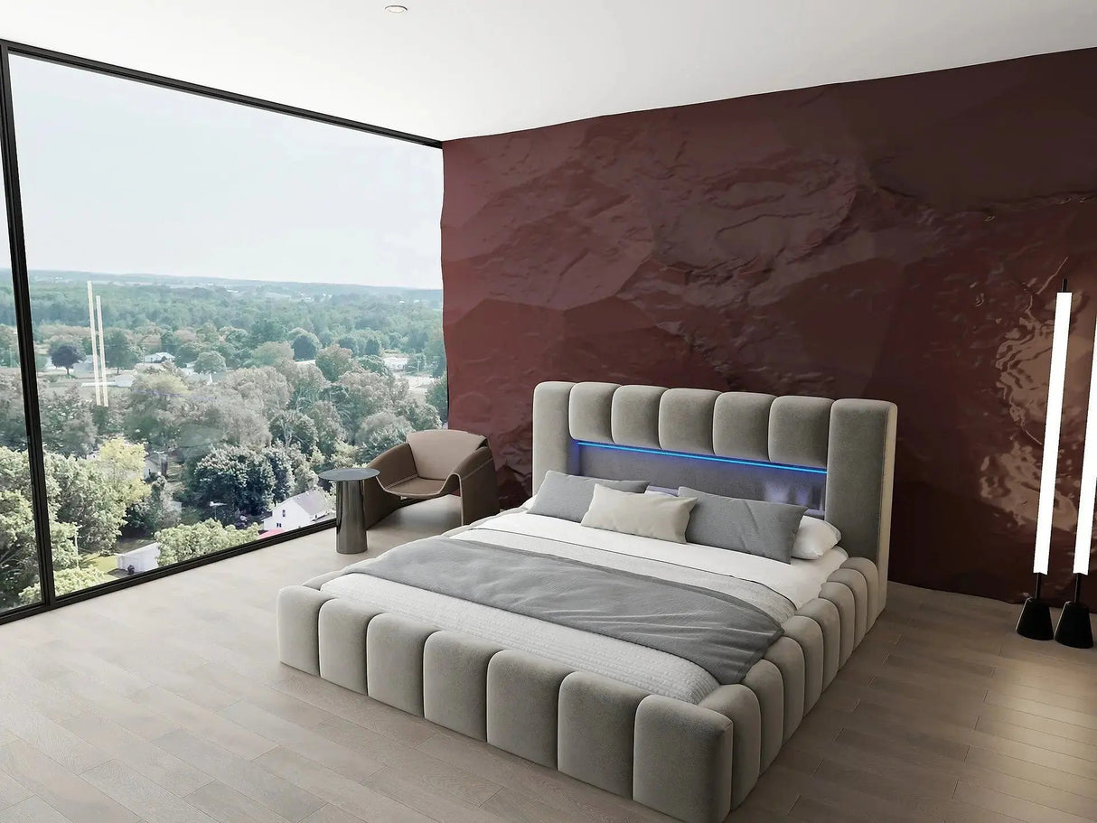 Pat dormitor dumonde, tapitat bej cu LED si USB, Palermo 140x200 cm, somiera rabatabila inclusa, spatiu depozitare