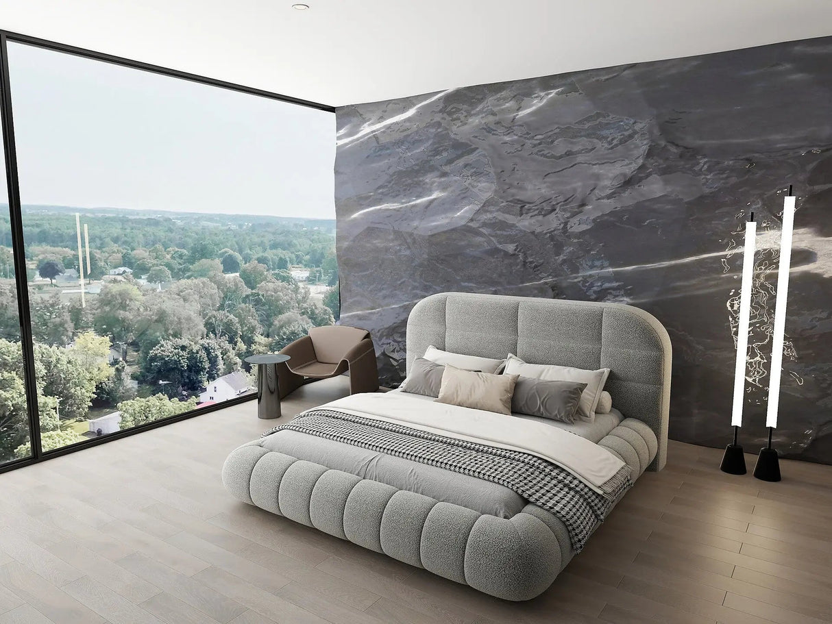 Pat dormitor dumonde, tapitat gri, Senso 160x200 cm, somiera rabatabila inclusa, spatiu depozitare dumonde