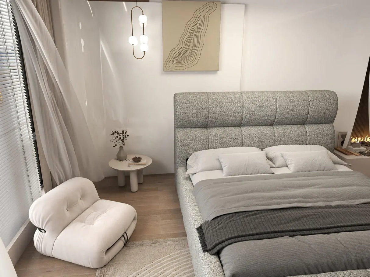 Pat dormitor dumonde, tapitat bej, Prestige 180x200 cm, somiera rabatabila inclusa, spatiu depozitare WLS