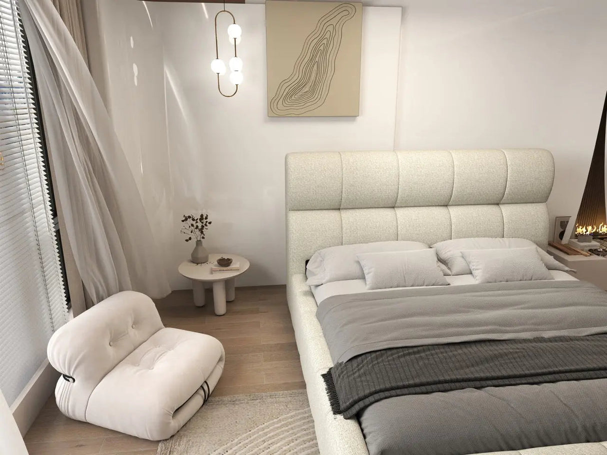 Pat dormitor dumonde, tapitat bej, Prestige 180x200 cm, somiera rabatabila inclusa, spatiu depozitare WLS