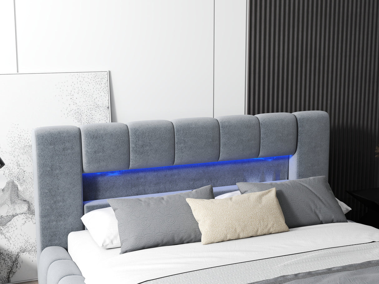 Pat dormitor dumonde, tapitat gri cu LED si USB, Palermo 180x200 cm, somiera rabatabila inclusa, spatiu depozitare WLS