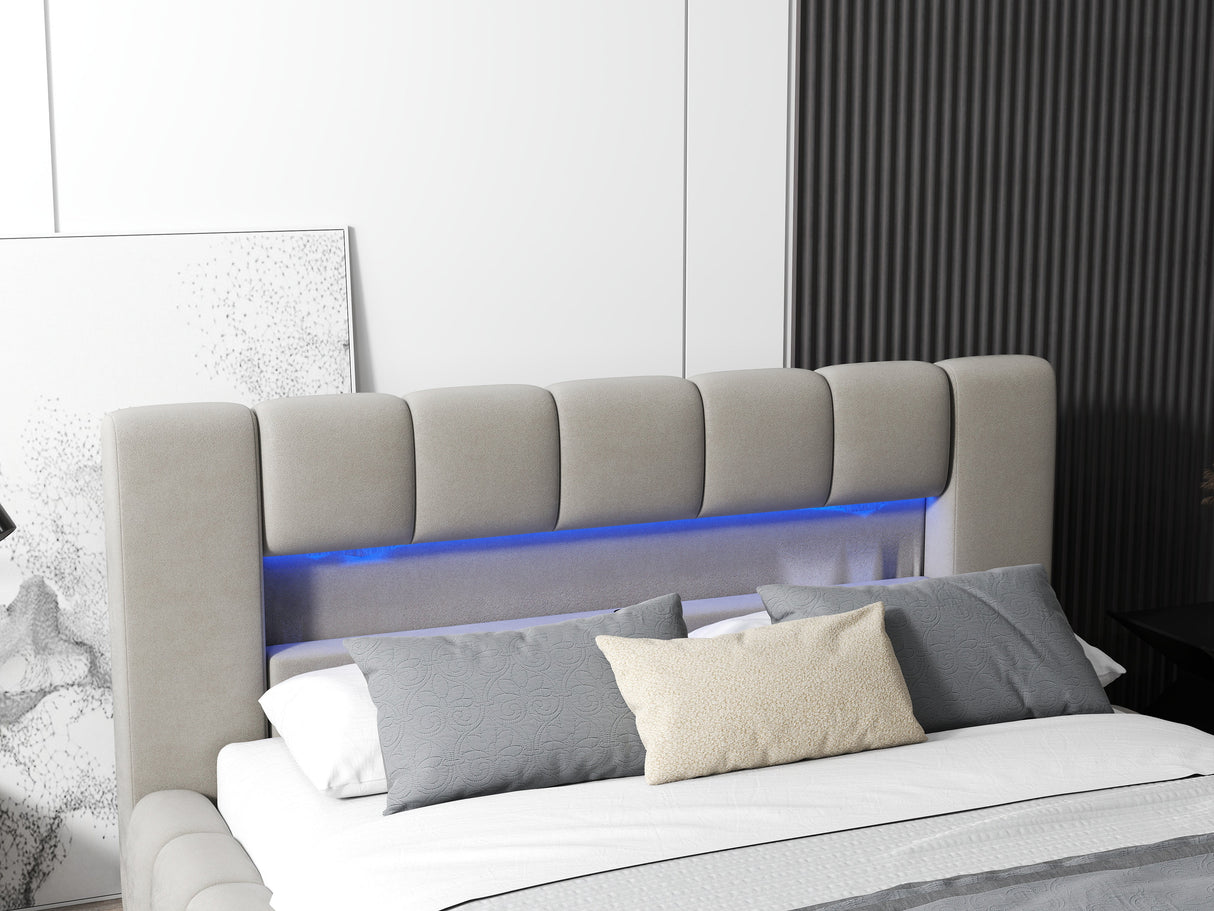 Pat dormitor dumonde, tapitat bej cu LED si USB, Palermo 180x200 cm, somiera rabatabila inclusa, spatiu depozitare WLS