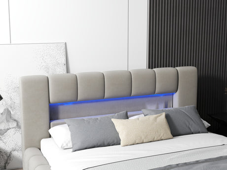 Pat dormitor dumonde, tapitat bej cu LED si USB, Palermo 140x200 cm, somiera rabatabila inclusa, spatiu depozitare WLS