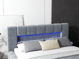 Pat dormitor dumonde, tapitat gri cu LED si USB, Palermo 140x200 cm, somiera rabatabila inclusa, spatiu depozitare WLS