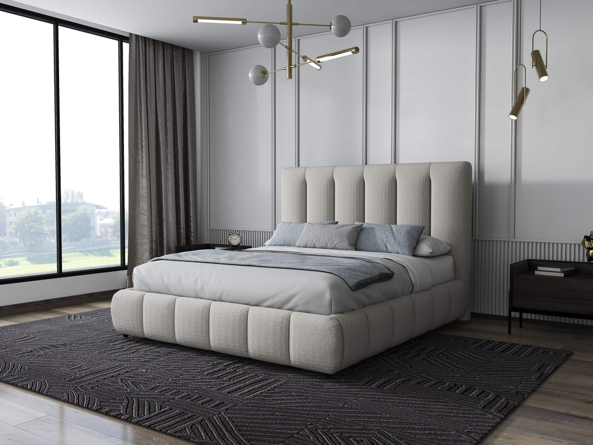 Set Pat dormitor dumonde, tapitat bej, Divaneo 180x200 cm, somiera rabatabila inclusa, spatiu depozitare + saltea