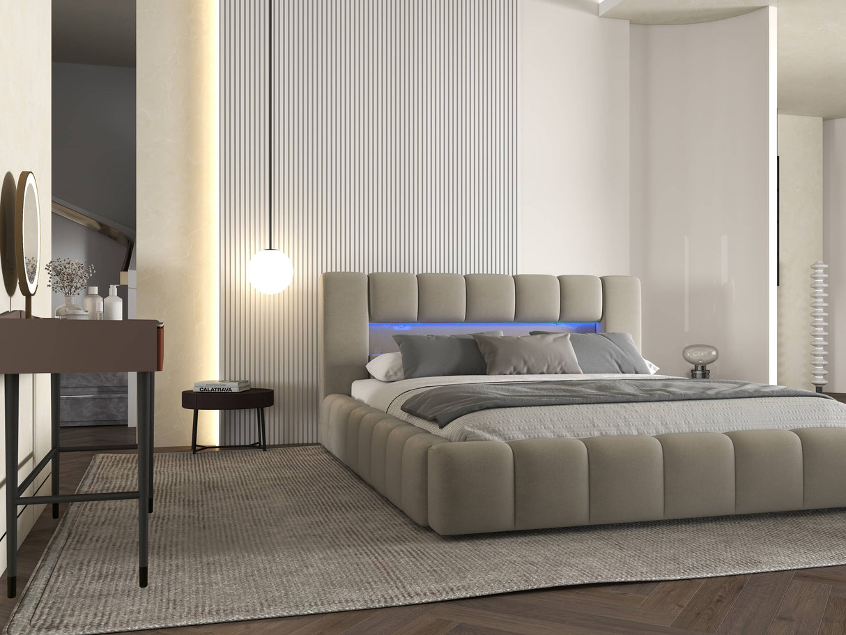 Set Pat dormitor dumonde, tapitat bej cu LED si USB, Palermo 180x200 cm, somiera rabatabila inclusa, spatiu depozitare + saltea