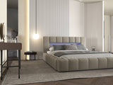 Set Pat dormitor dumonde, tapitat bej cu LED si USB, Palermo 180x200 cm, somiera rabatabila inclusa, spatiu depozitare + saltea