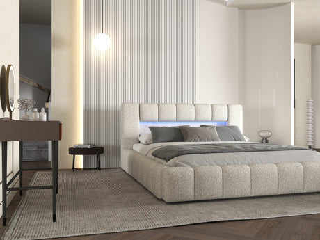 Set Pat dormitor dumonde, tapitat gri cu LED si USB, Palermo 160x200 cm, somiera rabatabila inclusa, spatiu depozitare + saltea