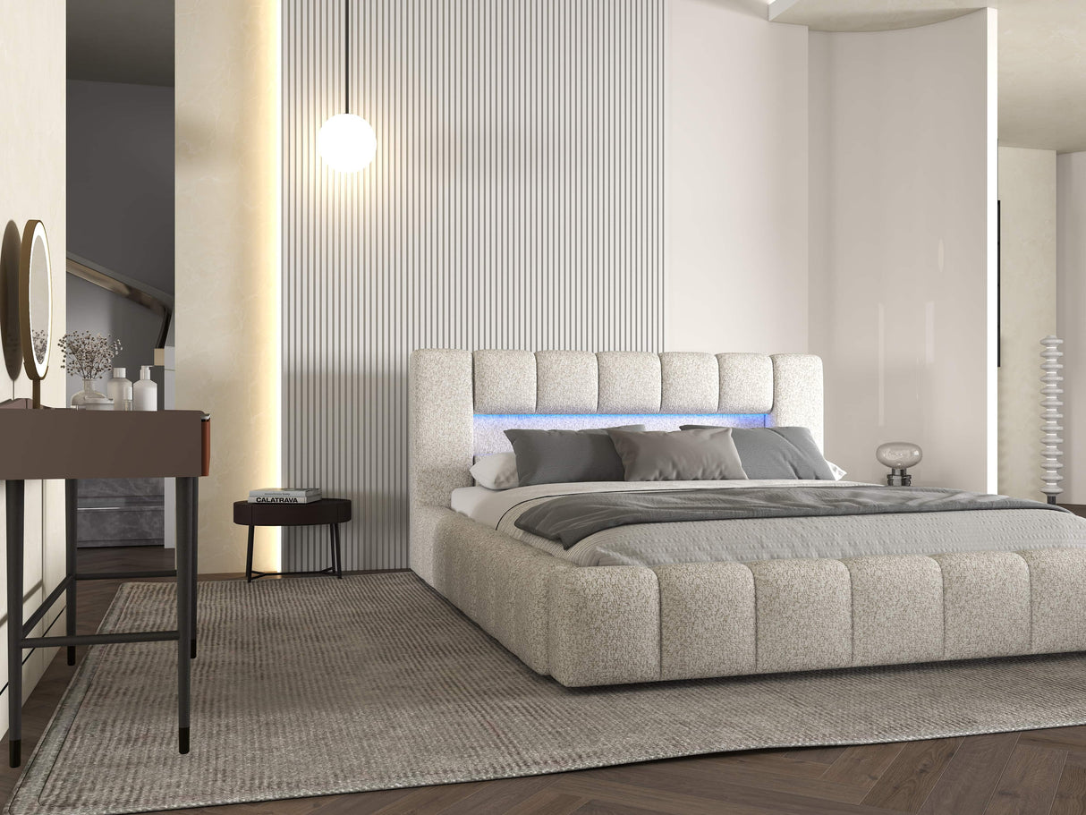 Pat dormitor dumonde, tapitat alb cu LED si USB, Palermo 180x200 cm, somiera rabatabila inclusa, spatiu depozitare WLS