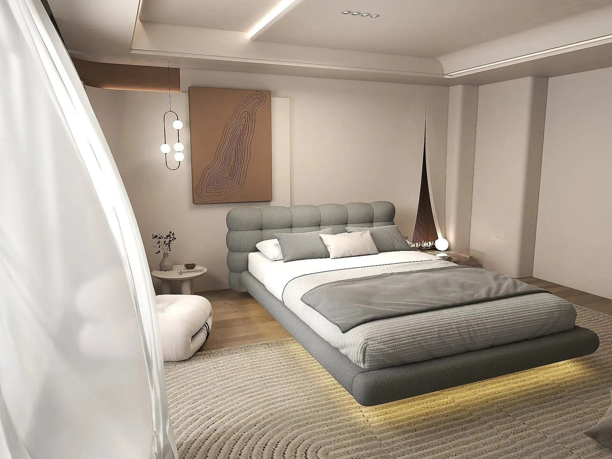 Set Pat dormitor dumonde, tapitat gri cu LED, "floating bed" Cloud 140x200 cm, somiera inclusa + saltea