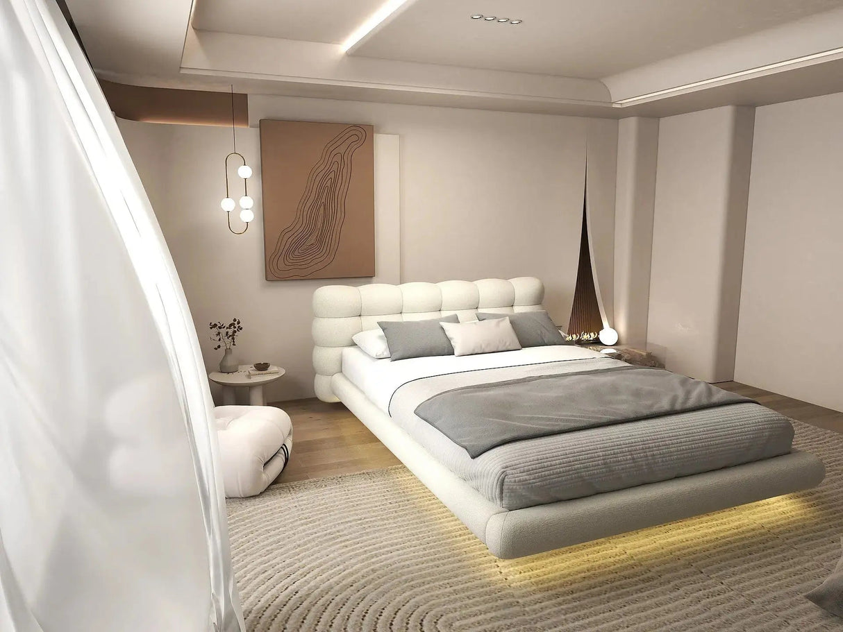 Set Pat dormitor dumonde, tapitat gri cu LED, "floating bed" Cloud 180x200 cm, somiera inclusa + saltea