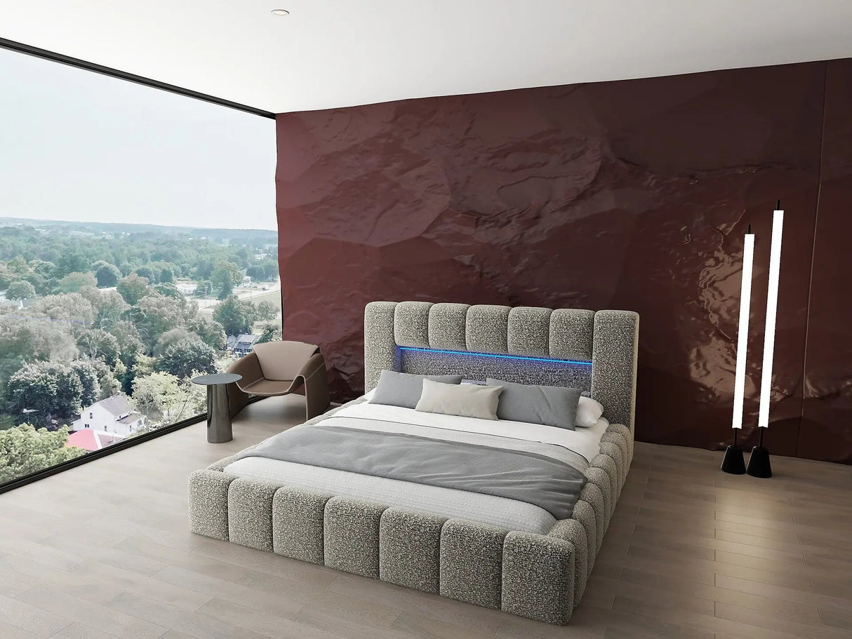Pat dormitor dumonde, tapitat bej cu LED si USB, Palermo 160x200 cm, somiera rabatabila inclusa, spatiu depozitare WLS