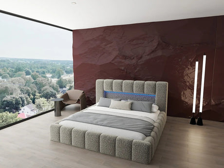Pat dormitor dumonde, tapitat bej cu LED si USB, Palermo 160x200 cm, somiera rabatabila inclusa, spatiu depozitare WLS