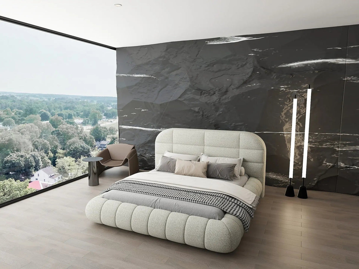 Pat dormitor dumonde, tapitat bej, Senso 180x200 cm, somiera rabatabila inclusa, spatiu depozitare WLS