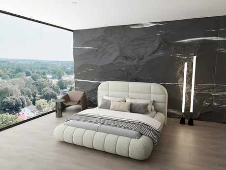 Pat dormitor dumonde, tapitat bej, Senso 180x200 cm, somiera rabatabila inclusa, spatiu depozitare WLS