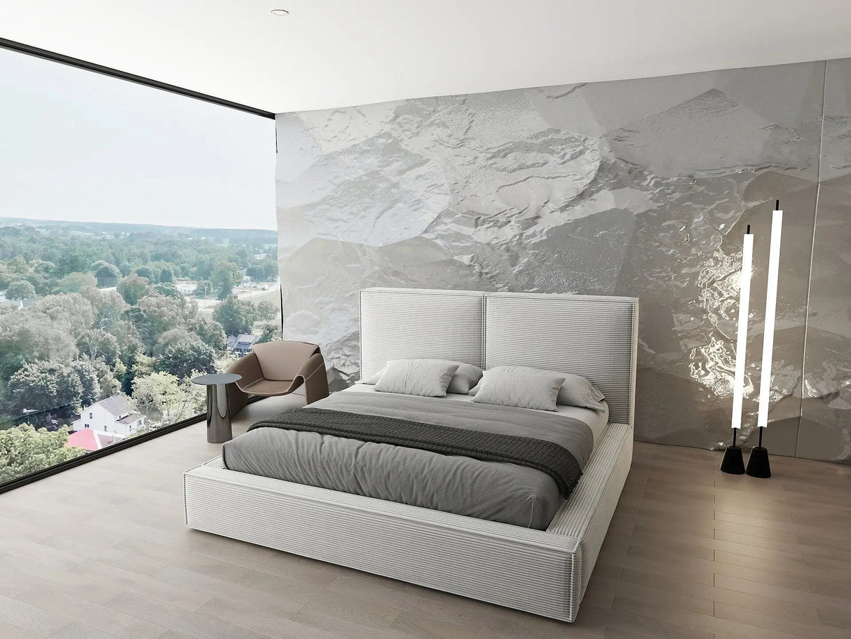 Pat dormitor dumonde, tapitat bej, Dreamer 160x200 cm, somiera rabatabila inclusa, spatiu depozitare WLS