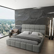 Pat dormitor dumonde, tapitat bej, Prestige 180x200 cm, somiera rabatabila inclusa, spatiu depozitare WLS