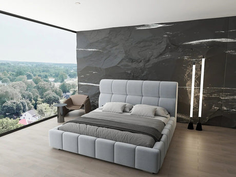 Pat dormitor dumonde, tapitat gri, Prestige 160x200 cm, somiera rabatabila inclusa, spatiu depozitare WLS