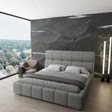 Pat dormitor dumonde, tapitat grey, Prestige 180x200 cm, somiera rabatabila inclusa, spatiu depozitare