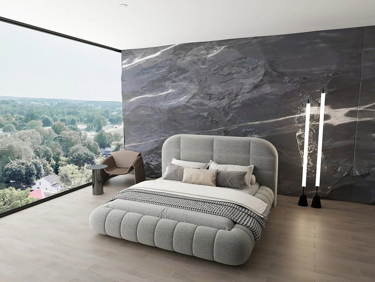Pat dormitor dumonde, tapitat gri, Senso 160x200 cm, somiera rabatabila inclusa, spatiu depozitare dumonde