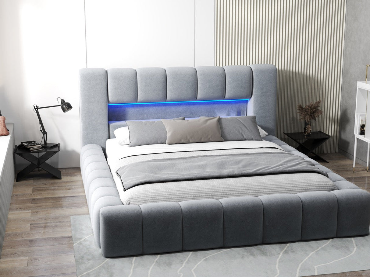 Pat dormitor dumonde, tapitat gri cu LED si USB, Palermo 160x200 cm, somiera rabatabila inclusa, spatiu depozitare WLS