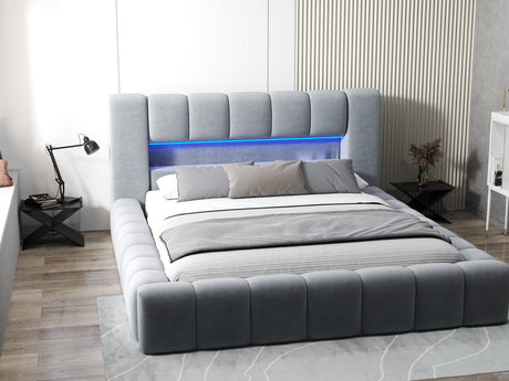 Pat dormitor dumonde, tapitat gri cu LED si USB, Palermo 160x200 cm, somiera rabatabila inclusa, spatiu depozitare WLS