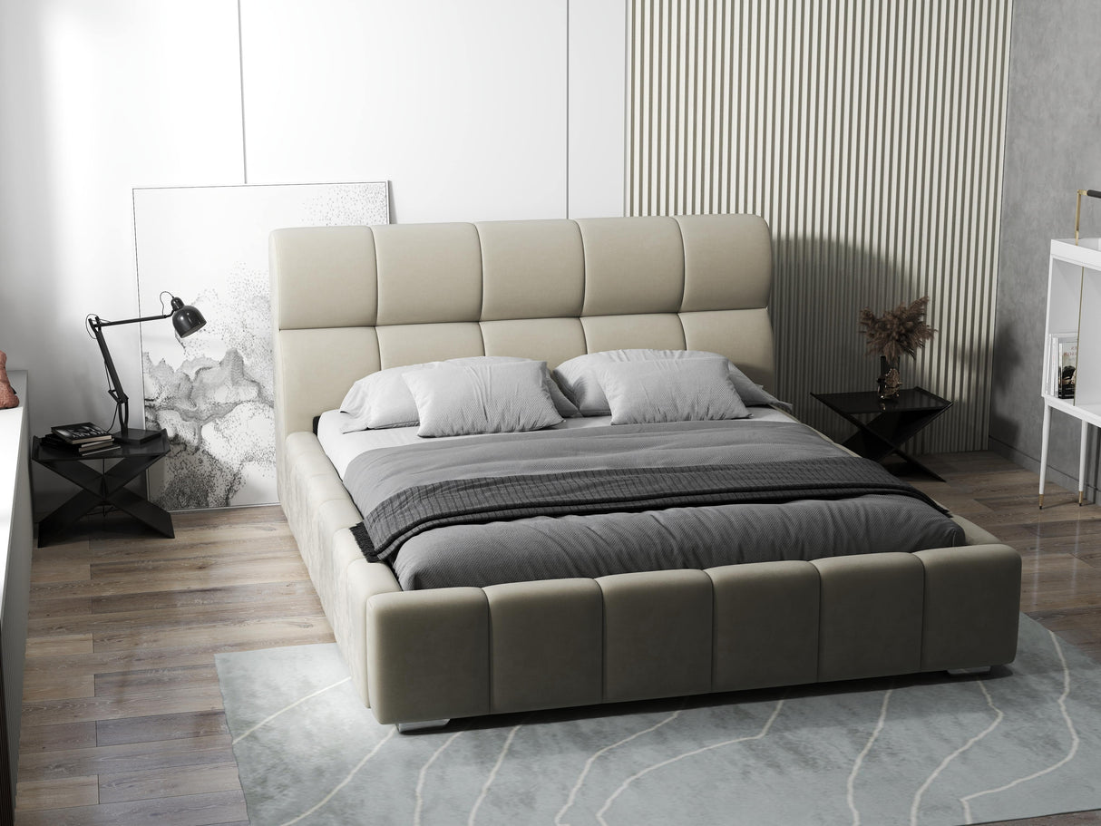 Pat dormitor dumonde, tapitat bej, Prestige 160x200 cm, somiera rabatabila inclusa, spatiu depozitare WLS