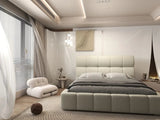 Pat dormitor dumonde, tapitat bej, Prestige 180x200 cm, somiera rabatabila inclusa, spatiu depozitare WLS