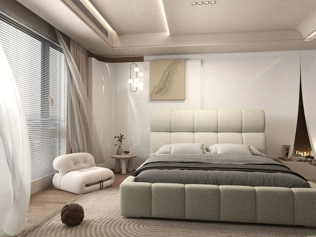 Pat dormitor dumonde, tapitat bej, Prestige 180x200 cm, somiera rabatabila inclusa, spatiu depozitare WLS