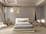 Set Pat dormitor dumonde, tapitat bej, Cloud 160x200 cm, somiera rabatabila inclusa, spatiu depozitare + saltea