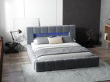 Pat dormitor dumonde, tapitat gri cu LED si USB, Palermo 180x200 cm, somiera rabatabila inclusa, spatiu depozitare WLS