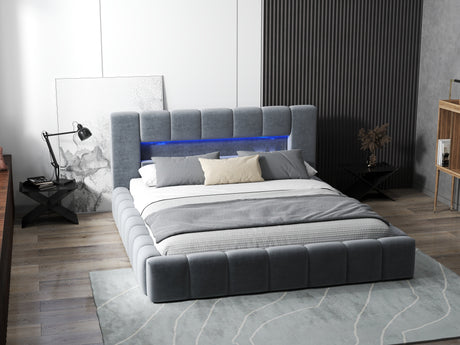 Pat dormitor dumonde, tapitat gri cu LED si USB, Palermo 180x200 cm, somiera rabatabila inclusa, spatiu depozitare WLS