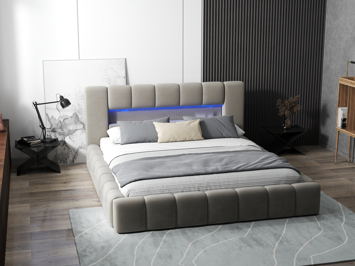 Pat dormitor dumonde, tapitat bej cu LED si USB, Palermo 180x200 cm, somiera rabatabila inclusa, spatiu depozitare WLS