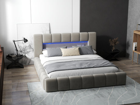 Pat dormitor dumonde, tapitat bej cu LED si USB, Palermo 140x200 cm, somiera rabatabila inclusa, spatiu depozitare WLS