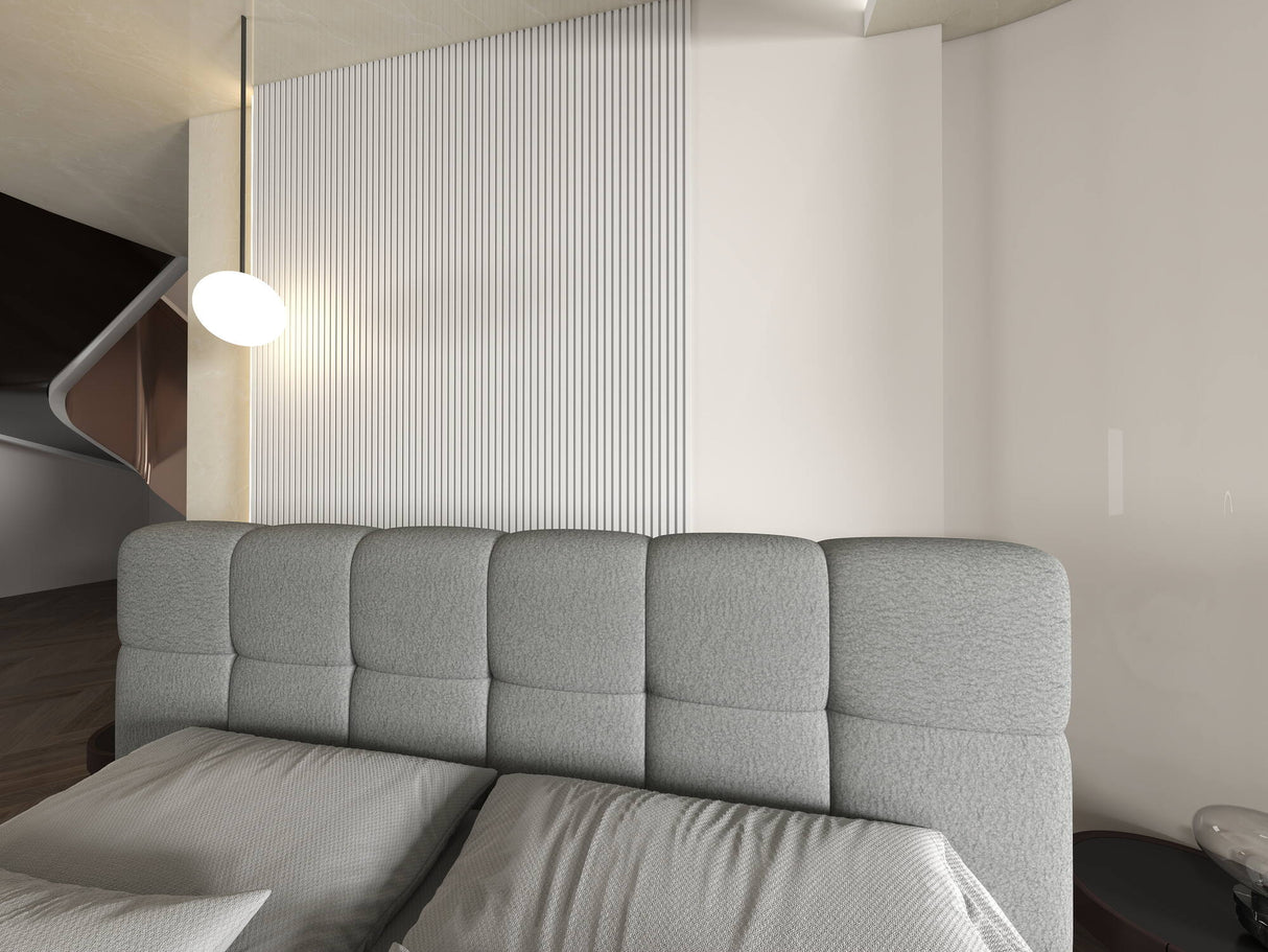 Pat dormitor dumonde, tapitat gri, Lorenzo 180X200 cm, somiera rabatabila inclusa, spatiu depozitare