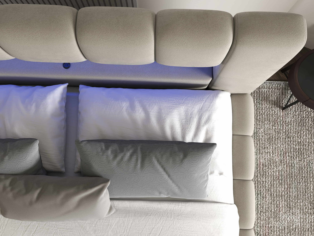 Set Pat dormitor dumonde, tapitat bej cu LED si USB, Palermo 180x200 cm, somiera rabatabila inclusa, spatiu depozitare + saltea